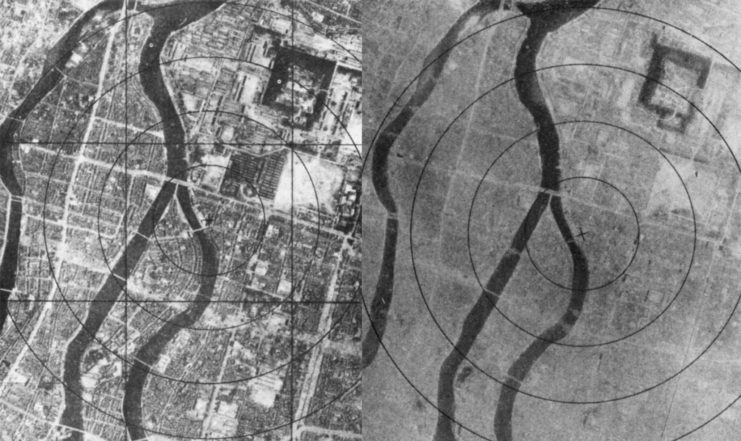Hiroshima before the bombing (left) and after the bombing (right).