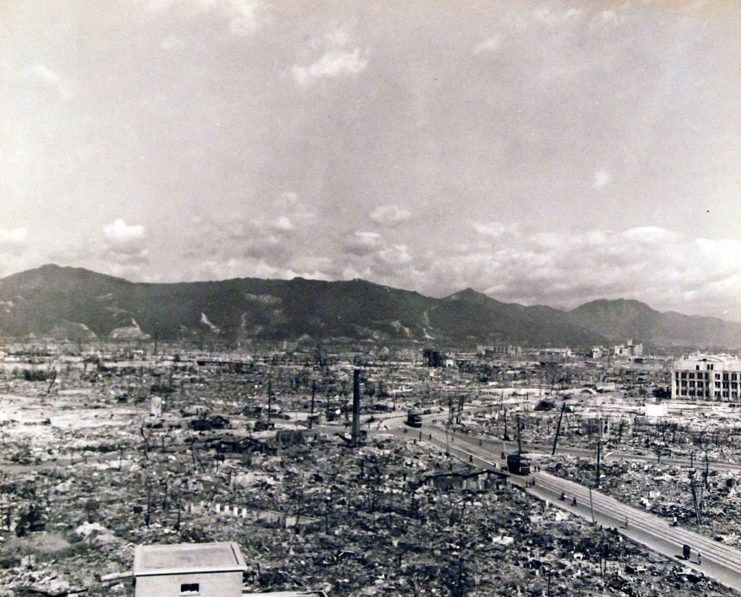 Bomb damage to Hiroshima, Japan. Photograph released, October 14, 1945.