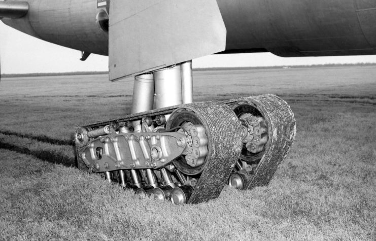 Convair B-36 with experimental tracked landing gear, to reduce ground pressure for soft-field use.