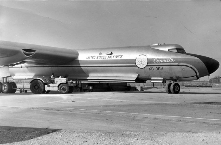 Convair NB-36H flying nuclear reactor testbed in flight seen from rear right