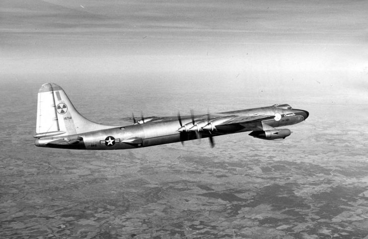 Convair NB-36H flying nuclear reactor testbed in flight seen from rear right.