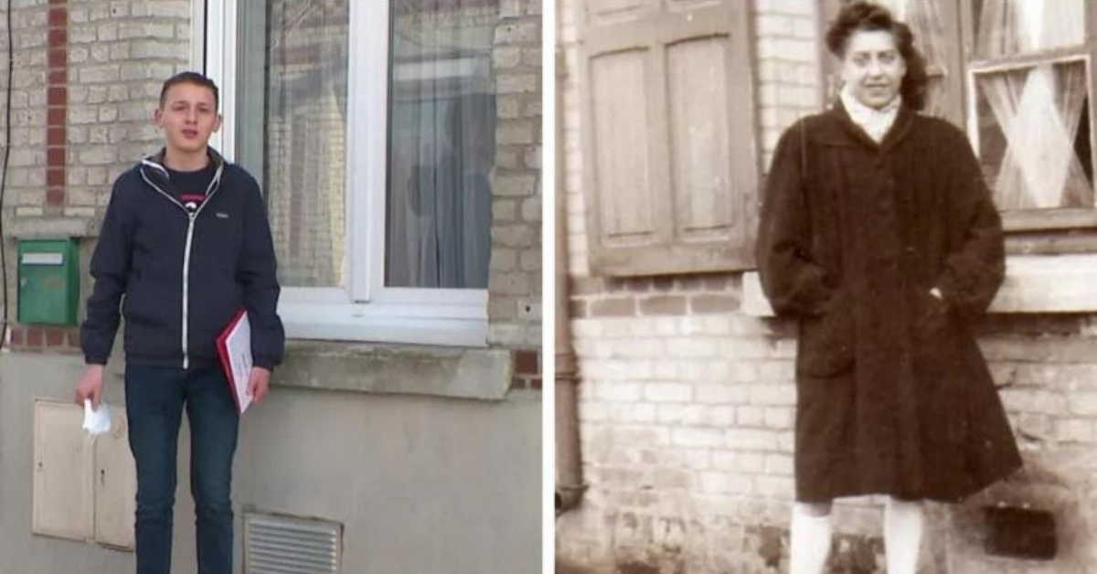 Maxence and his great aunt, standing in front of the same building (Courtesy of Bev Pook)