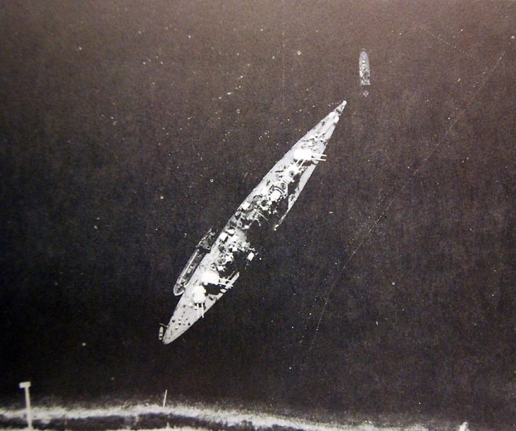 German battleship Tirpitz, Bismarck class, aerial view, 1942. Halftone image from Division of Naval Intelligence, Identification and Characteristics Section, June 1943.