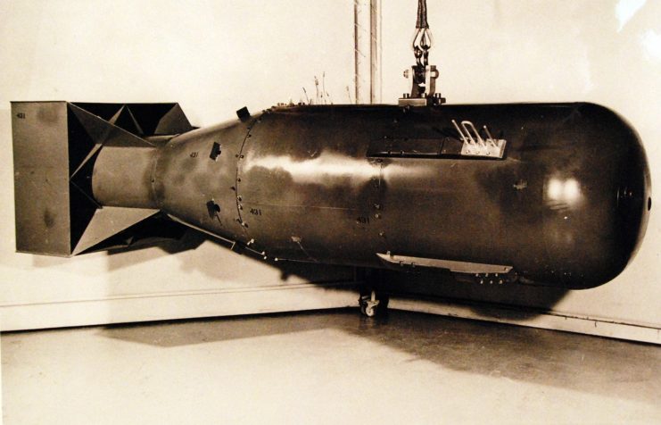 Nuclear Weapon “Little Boy” type, the kind that detonated over Hiroshima, Japan, August 6, 1945. The bomb is 28 inches in diameter and 120 inches long.
