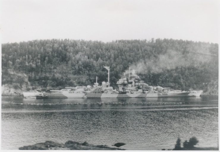 The German battleship Tirpitz while it was in the Fættenfjord in Åsen in 1942.