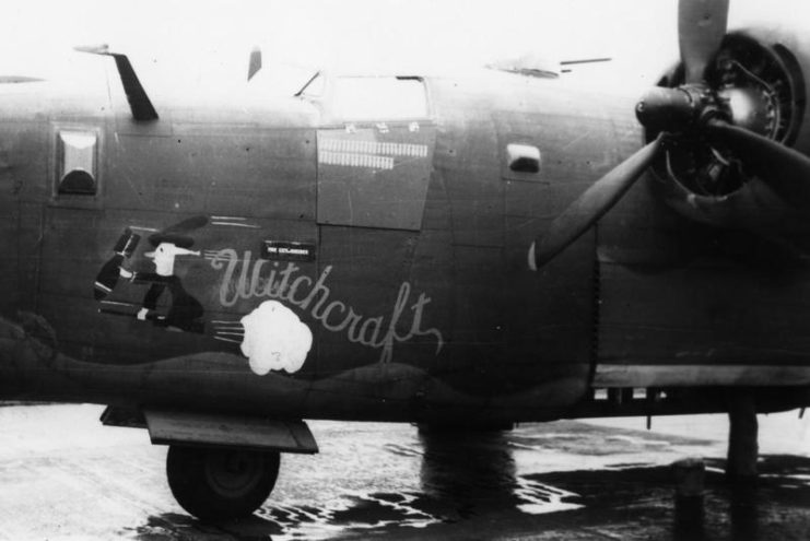 The nose art of a B-24 Liberator nicknamed Witchcraft of the 790th Bomb Squadron, 467th Bomb Group.