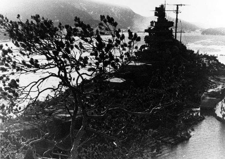 The Tirpitz camouflaged at her moorings in the Flehke Fjord, Norway, during World War II.