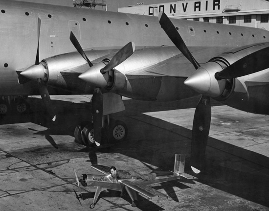 The XC-99 with the Beecraft Wee Bee, billed as the world’s smallest aircraft