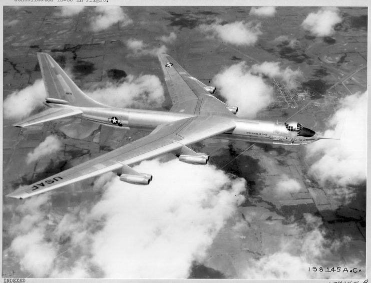 The YB-60 in flight. The YB-60 was a swept wing version of the B-36, powered entirely by jet engines.