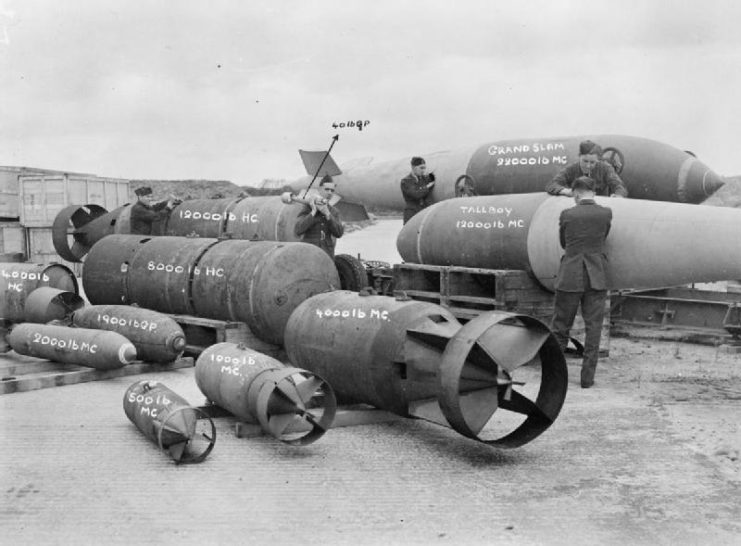 1945: R.A.F. bombs ranging from the 40-pounder to the 22,000-pounder.