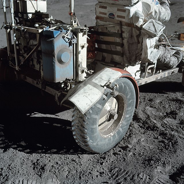 The fender of a lunar roving vehicle repaired with duct tape