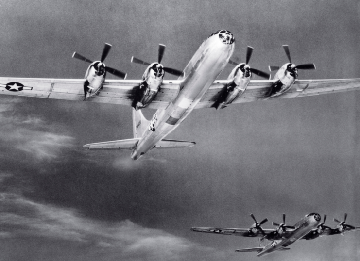 Illustration of two Boeing B-29 Superfortresses in flight
