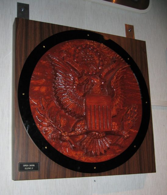 A replica of a bugged US great seal on display at the National Cryptologic Museum in 2005