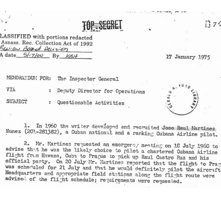 Memorandum describing the plot against Raúl Castro.