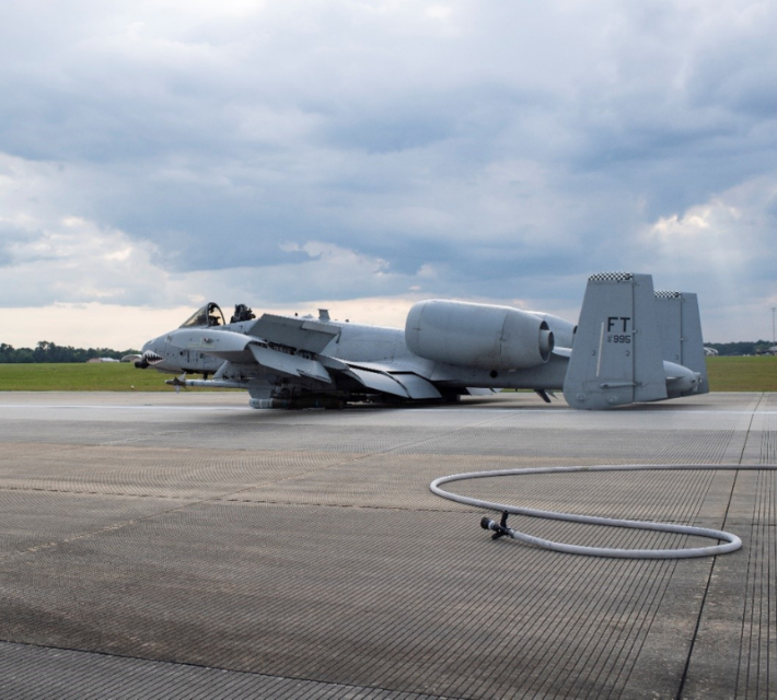 An A-10C Thunderbolt II sits on the runway after making an emergency landing April 7, 2020 at Moody Air Force Base, Georgia. The A-10, assigned to the 75th Fighter Squadron, landed with its landing gear in the up position after declaring an in-flight emergency.