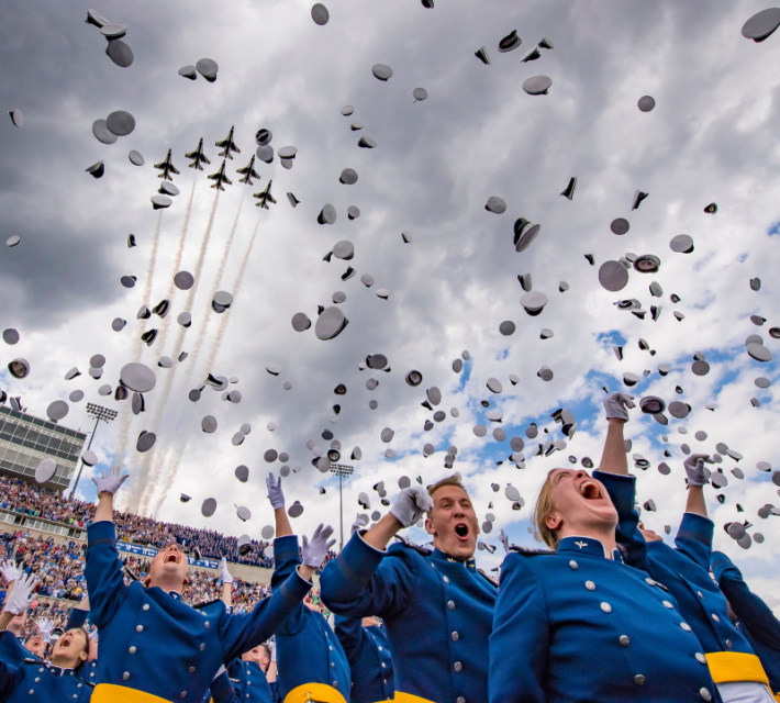 Thunderbirds perform a fly-over at the Air Force Academy graduation in Colorado Springs, Colorado, May 30, 2019.