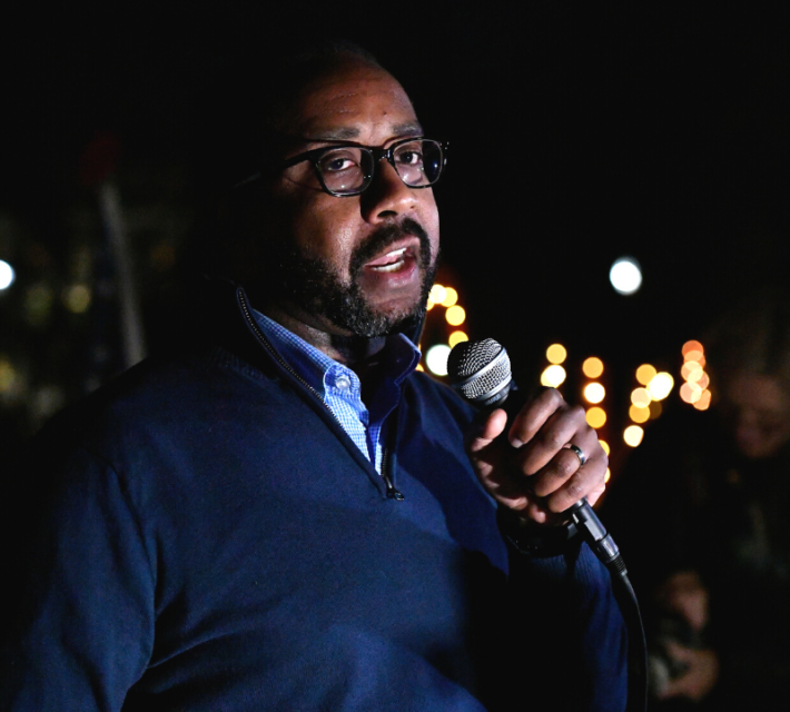 Bishop Garrison speaks at a rally, 2018.