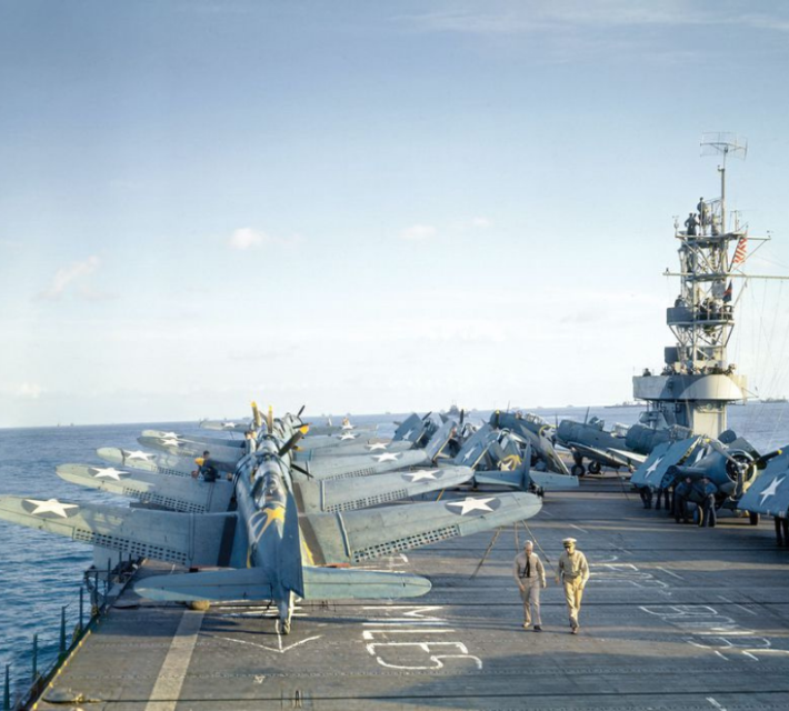 Douglas Dauntless scout bombers on the USS Santee, 1942.