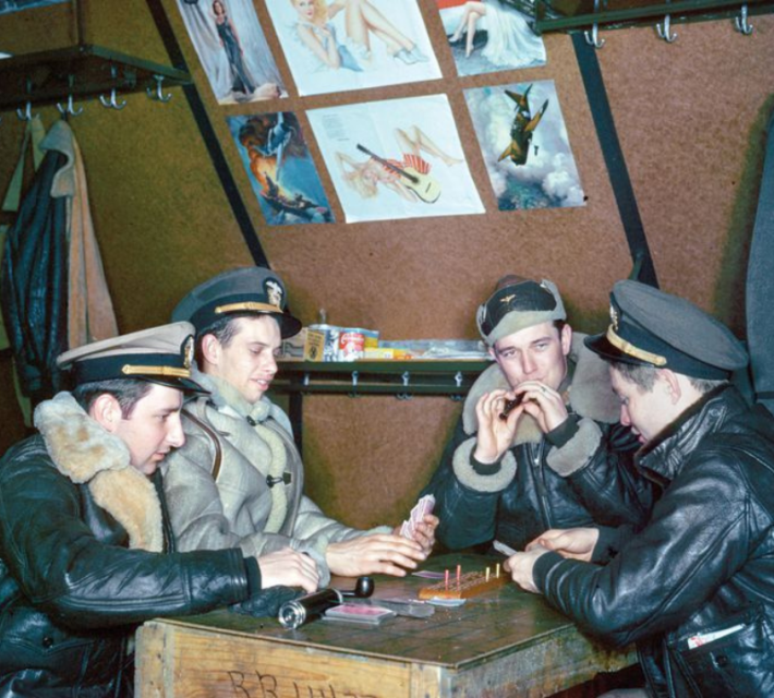 U.S. Navy aircrew amuse themselves with cribbage at a base in the Aleutian Islands.