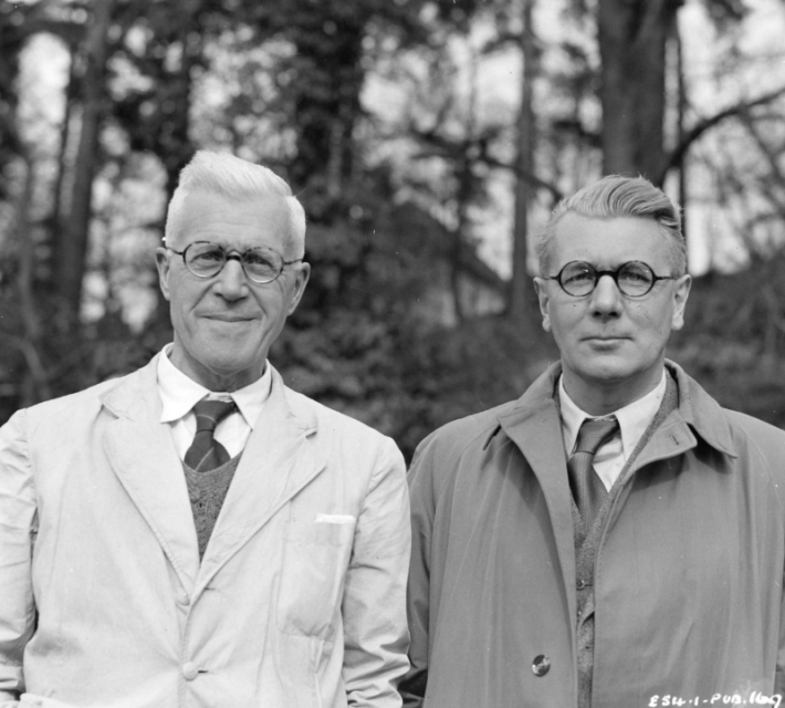 English aeronautical engineer and inventor Barnes Wallis (left) designer of the 'bouncing bomb', with British actor Michael Redgrave who plays Wallis in the film 'The Dam Busters'.
