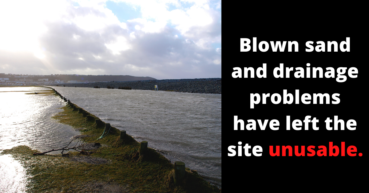 Flooded road, car park and part of the golf coarse at Braunton Burrows, circa 2014.