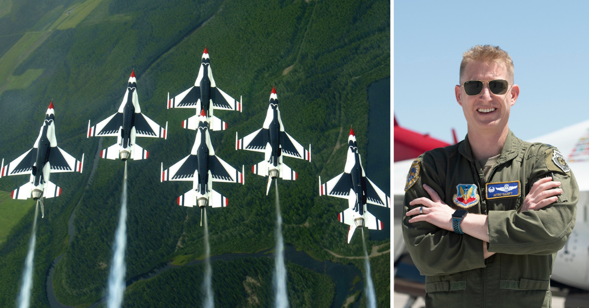 aerial shot of the thunderbirds, with portrait of Lt. Col. Elliott