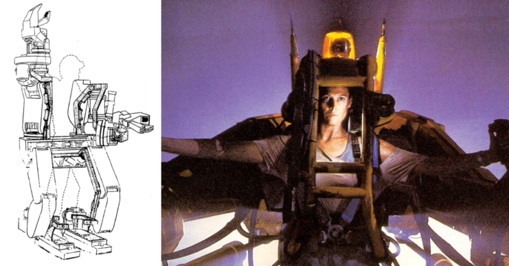 left, a drawing of the prototype Hardiman exoskeleton; right, Sigourney Weaver in an exosuit from the film Aliens (1986)
