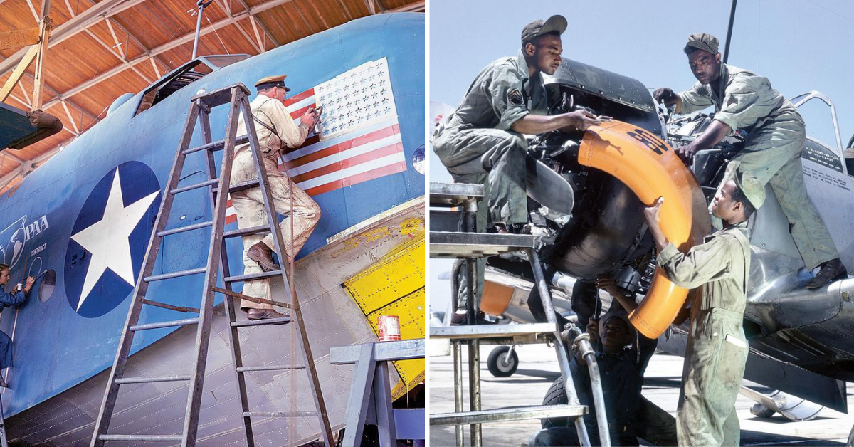 Color photos from the National Archives show a PBM Mariner receiving a Navy and Pan-Am paintjob, and workers servicing a Vultee BT-13A