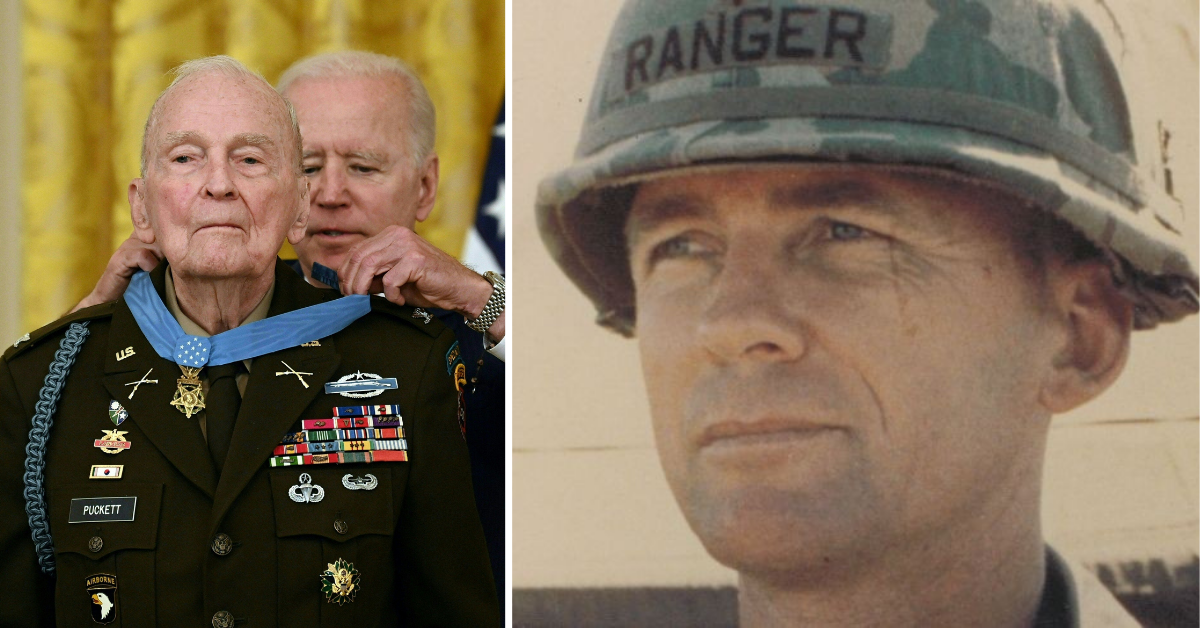 Col. Ralph Puckett receiving the medal of honor, and a photo of him circa 1950.