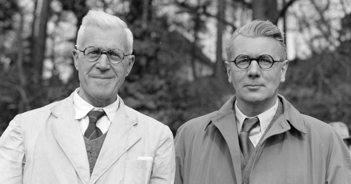 English aeronautical engineer and inventor Barnes Wallis (left) designer of the 'bouncing bomb', with British actor Michael Redgrave who plays Wallis in the film 'The Dam Busters'.