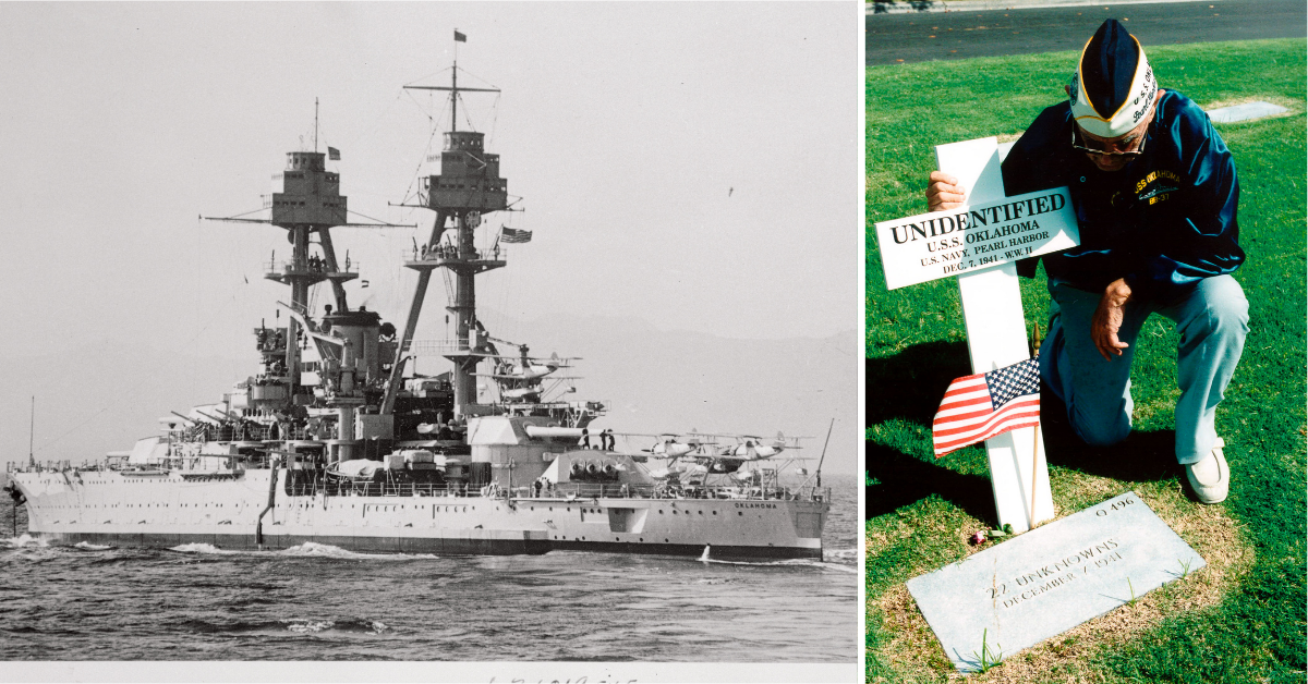 USS Oklahoma ca. 1941 (left), and Paul Goody (right), a veteran of the Pearl Harbor attacks. (Photo Credit: Bettmann via Getty Images | Charles Gabrean/Getty Images)