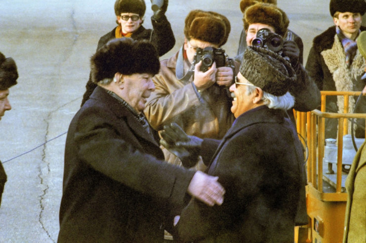 Moscow. General Secretary of the Central Committee of the CPSU Leonid Brezhnev (L) meets with Prime Minister of Afghanistan Nur Muhammad Taraki in Vnukovo airport.
