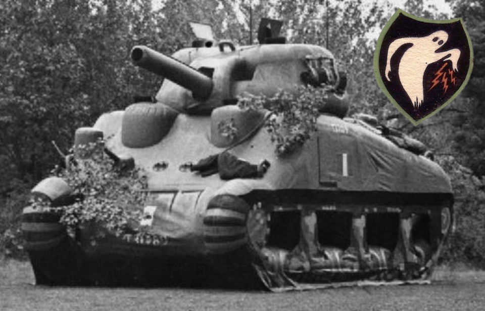 Inflatable M4 Sherman in the woods + Ghost Army patch