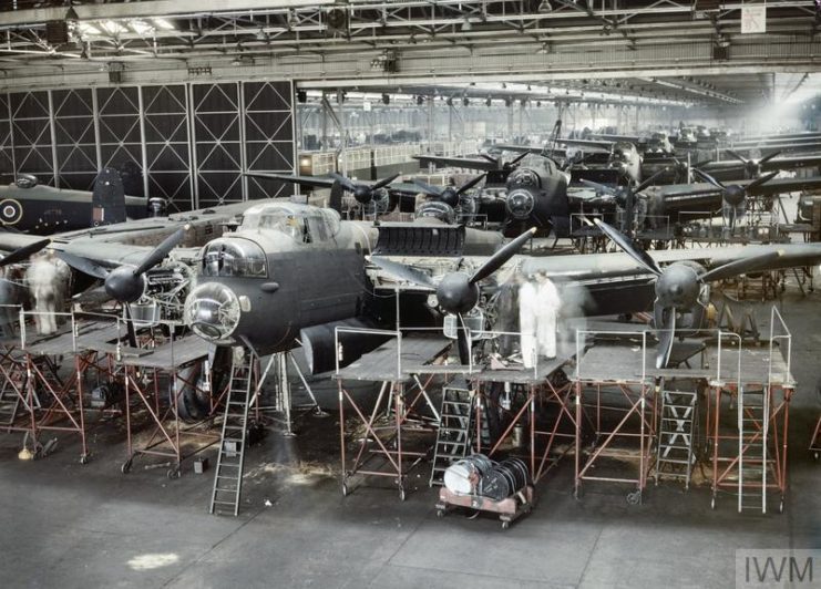 Avro Lancaster bombers nearing completion at the factory.