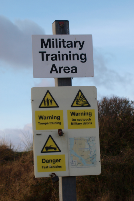 Military Training Area warning sign, Braunton Burrows, Devon, UK. 
