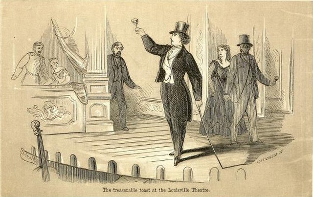 Illustration of Pauline Cushman toasting Jefferson Davis and the Confederacy