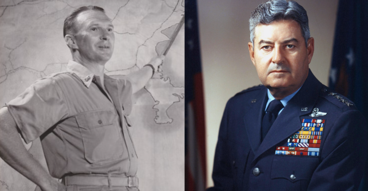 Haywood Hansell pointing at a map + Military portrait of Curtis LeMay