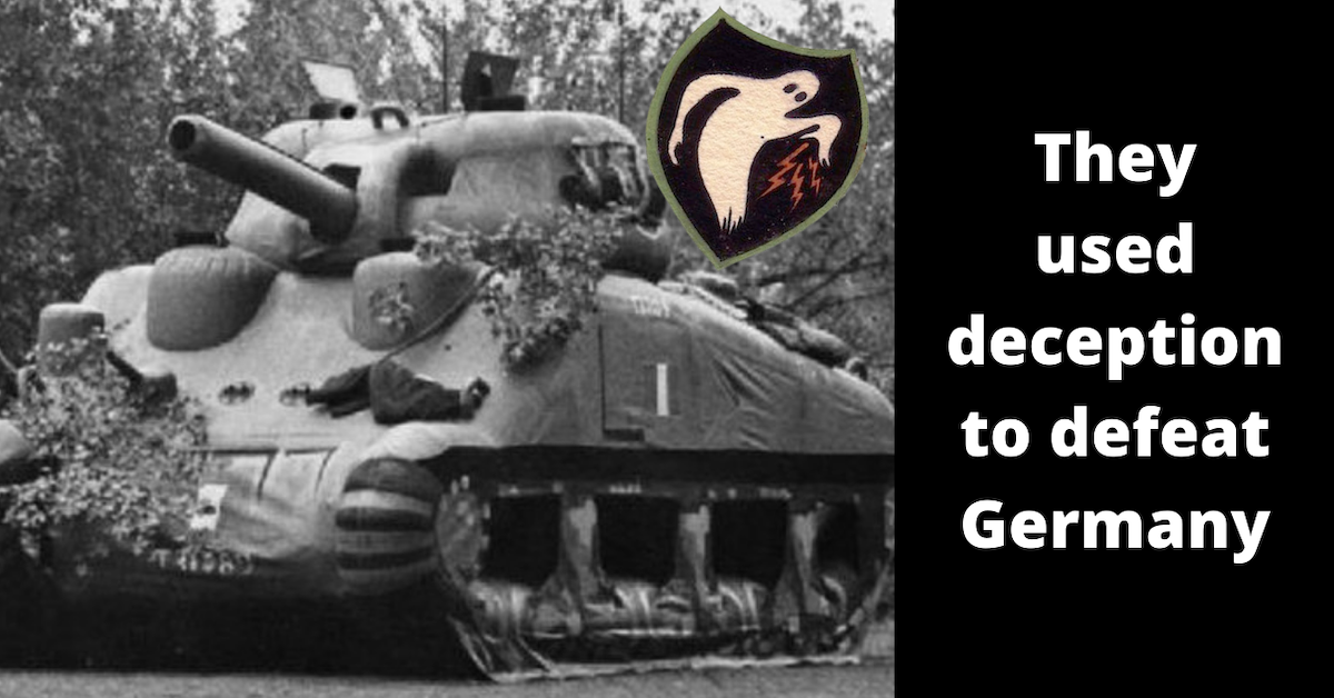 An inflatable tank in disguise, with the Ghost Army badge overlaid and the sentence "They used deception to defeat Germany" to the right of the image