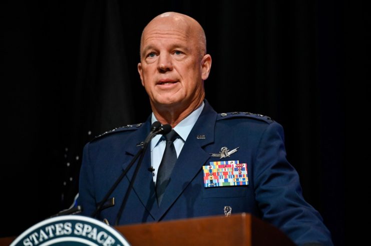 Chief of Space Operations Gen. John W. Raymond delivers remarks during a ceremony at the Pentagon transferring airmen into the U.S. Space Force, Arlington, Va., Sept. 15, 2020.