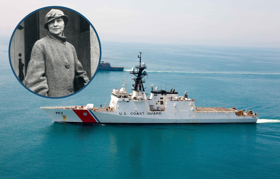 USCGC Hamilton (WMSL-753) at sea + Elizebeth Smith Friedman standing outside her front door