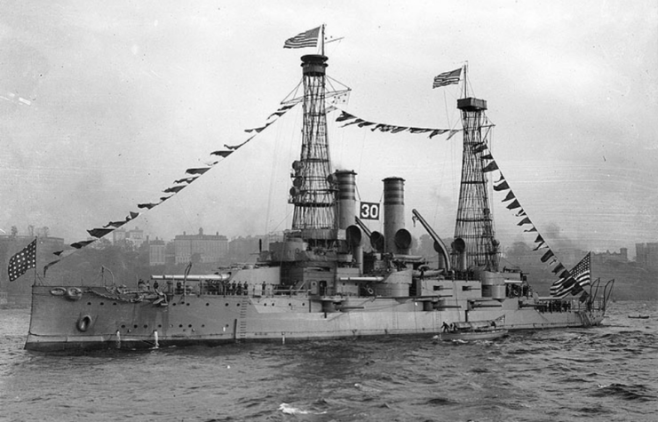 The USS Idaho dressed with flags during the Naval Review off New York City, October 1912.