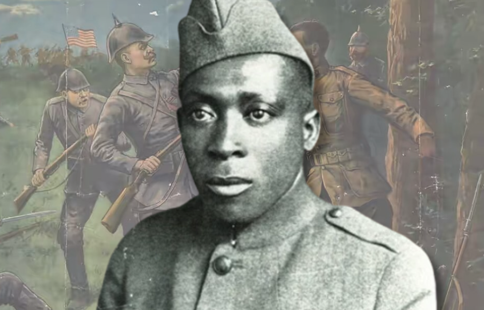 Illustration of William Henry Johnson fighting German soldiers in a forest + Military portrait of William Henry Johnson