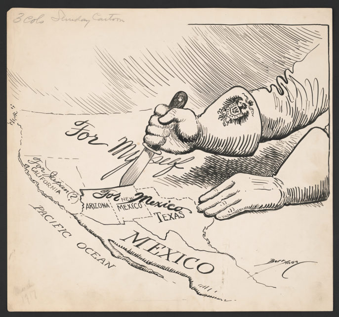 Illustration showing a hand using a knife to cut away Arizona, New Mexico and Texas from the United States