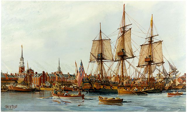 Oil painting of the Continental ship Alfred docked at port