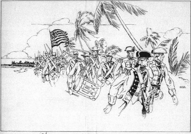 Samuel Nicholas leading his men on the beaches of the Bahamas during the Battle of Nassau