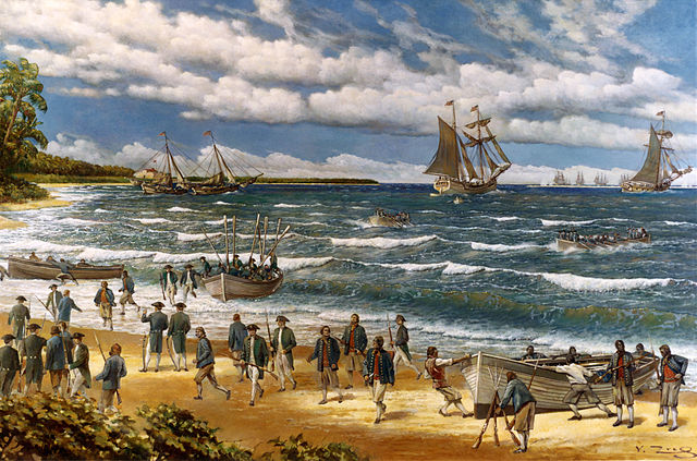 Oil painting of the fleet landing in the Bahamas during the Battle of Nassau