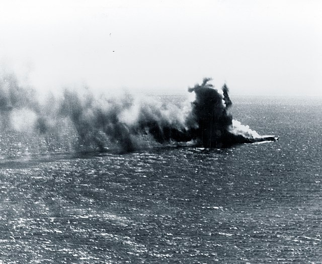 Japanese aircraft carrier under attack during the Battle of the Coral Sea