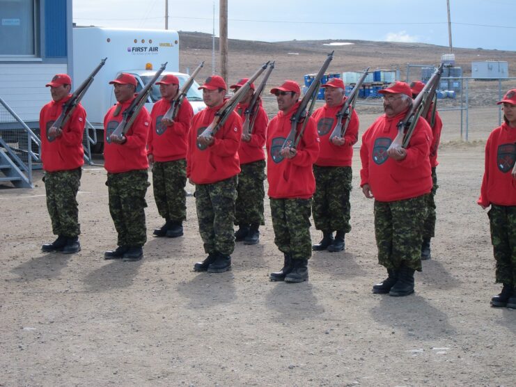 Canadian Rangers shouldering their Lee-Enfield No. 4 rifles