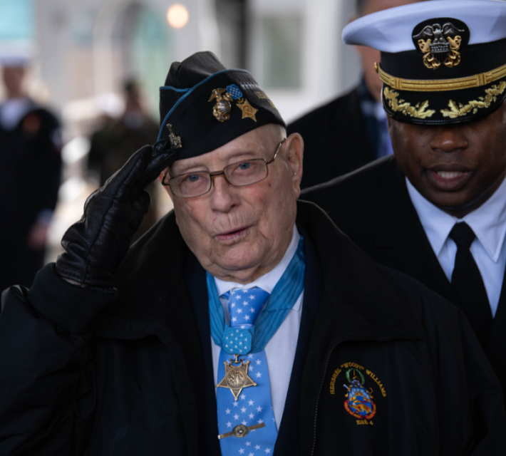 Williams at the commissioning of the Navy warship USS Hershel "Woody" Williams in March 2020.