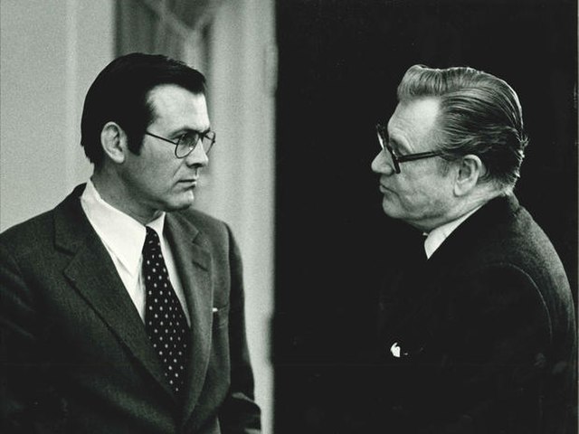 Donald Rumsfeld speaking with Vice President Nelson Rockefeller